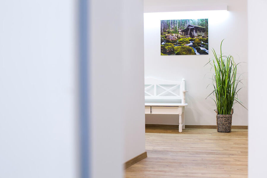 Vorderer Wartebereich mit Sitzbank und Naturbild an der Wand